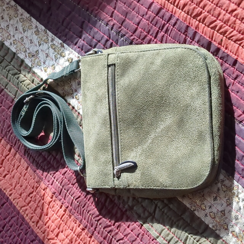 TRAVELON* faux suede sage green crossbody/belt bag w/adj. straps, pouches